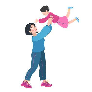 Anne kız aile portresi. Asyalı anne ve kızı. Spor kıyafetleri ve spor ayakkabıları. Vektör illüstrasyonu basit şekiller