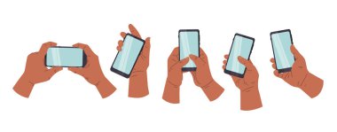 Ellerinde telefon ve telefon tutan Afrikalı Amerikalıların elleri, iş konsepti, düz tasarım. Vektör İllüstrasyonu