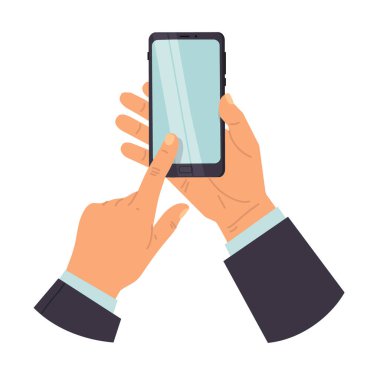 Bir erkeğin elindeki telefonun vektör çizimi. beyaz arkaplanda izole.