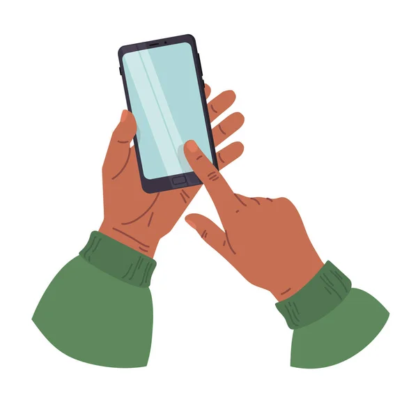 Vectorillustratie van een telefoon in een mensenhand. geïsoleerd op witte achtergrond. Afrikaanse Amerikaanse man — Stockvector