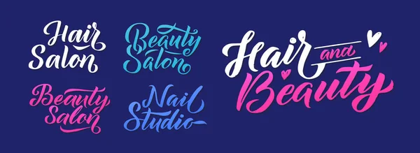 뷰티 살롱 Vector Logo Design Cards. Hair Salon and Nail Studio Emblems, Logo Design. 푸른 배경 삽화. 미용실을 위한 추상적 인 디자인 개념. 벡터 여성 로고 템플릿 — 스톡 벡터