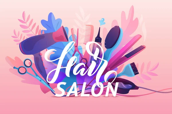 Hair Salon. Colorful hairdresser decorative illustration with beauty haircut accessories and equipment with big white letters. Realistic Poster. Vector Illustration Pink Colors — Stock Vector