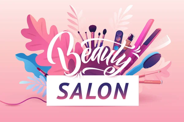 美容院五颜六色的化妆和头发风格装饰插图与理发配件和化妆设备与大的白色字母 现实的海报 矢量图解粉红颜色 — 图库矢量图片