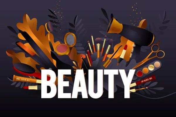 美容院五颜六色的化妆和头发风格装饰插图与理发配件和化妆设备与大的白色字母 现实的海报 矢量图解黑色和金色 — 图库矢量图片