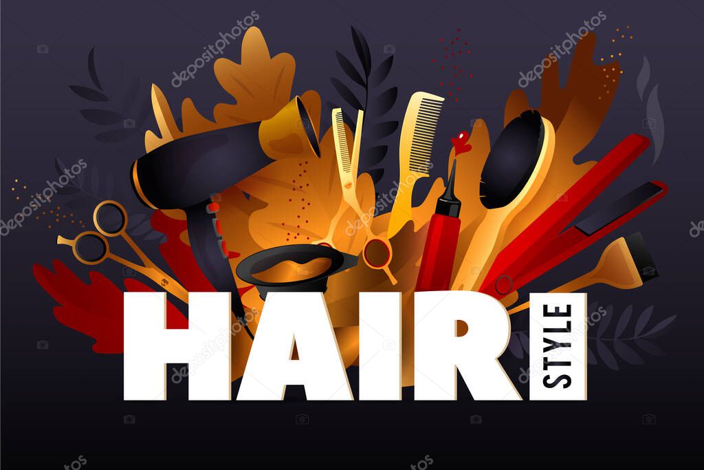 Hair Style. Colorful hairdresser decorative illustration with beauty haircut accessories and equipment with big white letters. Realistic Poster. Vector Illustration black and Gold Colors.