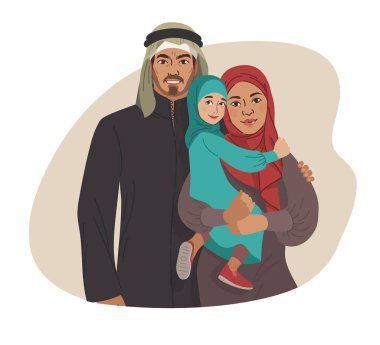 Aile fotoğrafı. Orta Doğulu Müslüman insanlar. Arap anne, baba ve küçük kız. Ulusal Kıyafetler. Vektör Düz Çizim Basit Şekiller.