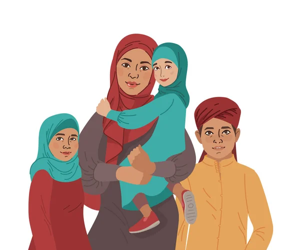 Family Portrait Middle Eastern Muslim People Arab Mother Son Little — Stock Vector