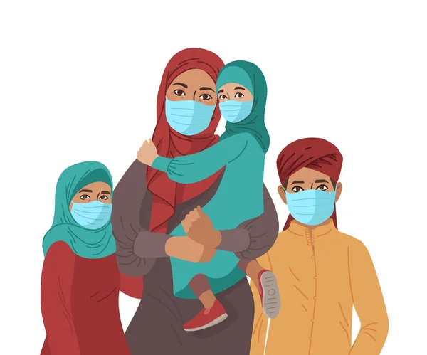 父亲的女儿和儿子都戴着口罩 预防病毒和疾病 中东阿拉伯穆斯林 家庭说明 — 图库矢量图片