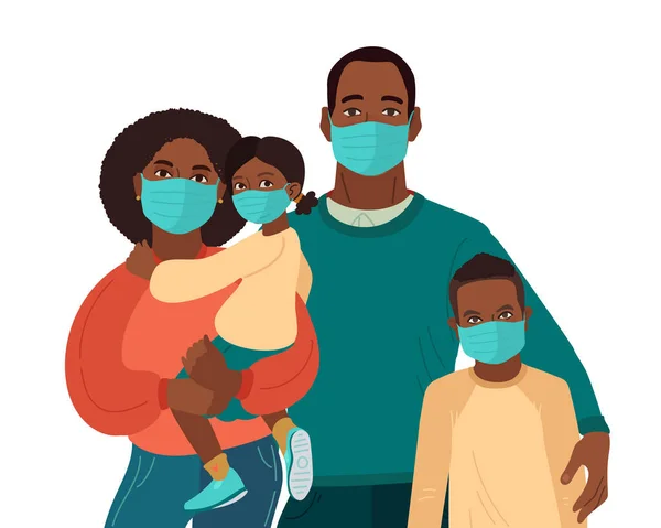 Madre Padre Hija Hijo Usan Máscaras Médicas Prevención Virus Enfermedades — Archivo Imágenes Vectoriales