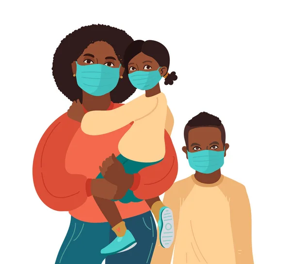 Madre Hijo Hija Usan Máscaras Médicas Prevención Del Virus Afroamericanos — Archivo Imágenes Vectoriales