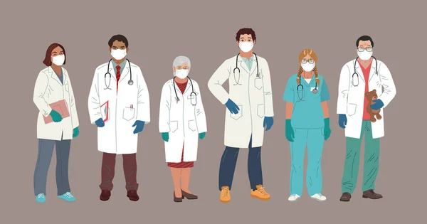 마스크와 의료용 장갑을 착용하고 의사와 간호사 의학계의 사람들은 평면의 따른다 — 스톡 벡터