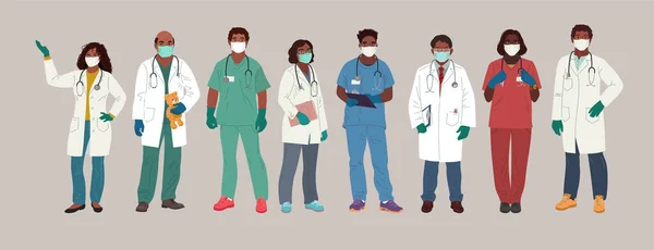 아프리카 계 미국인 의사와 간호사 마스크와 의료용 장갑을 착용하고 있다. 의학계의 사람들은 현대 벡터 평면의 예를 따른다. 의사와 병원 직원 만화 캐릭터 — 스톡 벡터