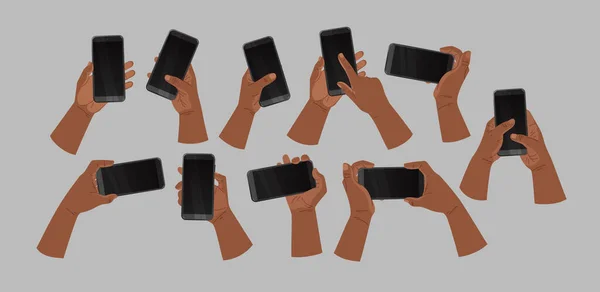 Руки афроамериканцев с телефоном и сенсорным телефоном, бизнес-концепцией, плоским дизайном. Векторная миграция — стоковый вектор