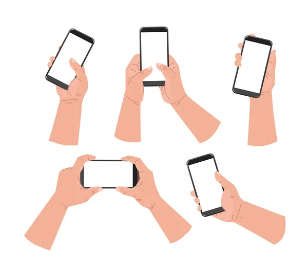 Kreslené ruce a mobilní telefon. Ruka člověka držící telefon a dotykový telefon, obchodní koncept, plochý design Bílé pozadí — Stockový vektor