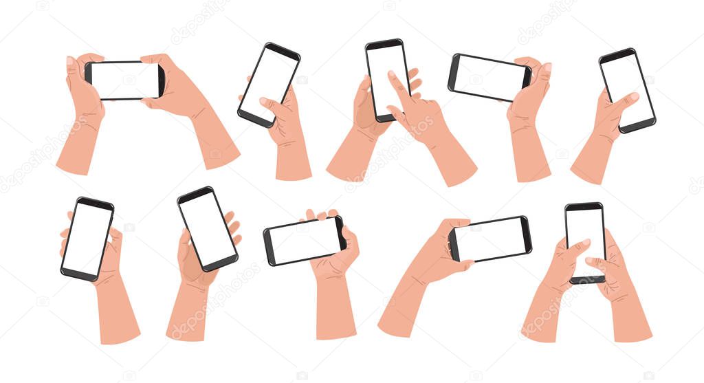 Cartoon hands and mobile phone. Hand of man holding phone and touch phone, business concept, flat design White background