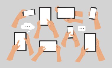 Eller tablet bilgisayarı ve akıllı telefonu dikey ve yatay pozisyonda tutsun. Elektronik aletlere dokunan beyaz eller. Vektör simgeleri, amblem. Modern düz stil
