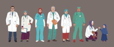 Tıbbi Karakterler. Orta Doğu Sıhhiyesi. Arap doktor ve hemşirelerin portreleri, doktor ekibi konsepti, tıp bürosu ya da laboratuvar. Müslüman modern düz vektör kavramı dijital insanlar vektör