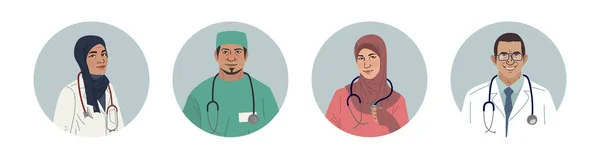 Porträts medizinischer Charaktere. Nahostmediziner. Arabische Ärzte und Krankenschwestern Porträts, Ärzteteam Konzept. Muslim moderne flache Vektor-Konzept digitale Menschen Vektor Illustration — Stockvektor