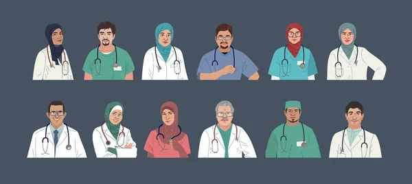 Медицинские персонажи. Ближневосточные медики. Портреты арабских врачей и медсестер, концепция команды врачей. Мусульманская современная плосковекторная концепция — стоковый вектор