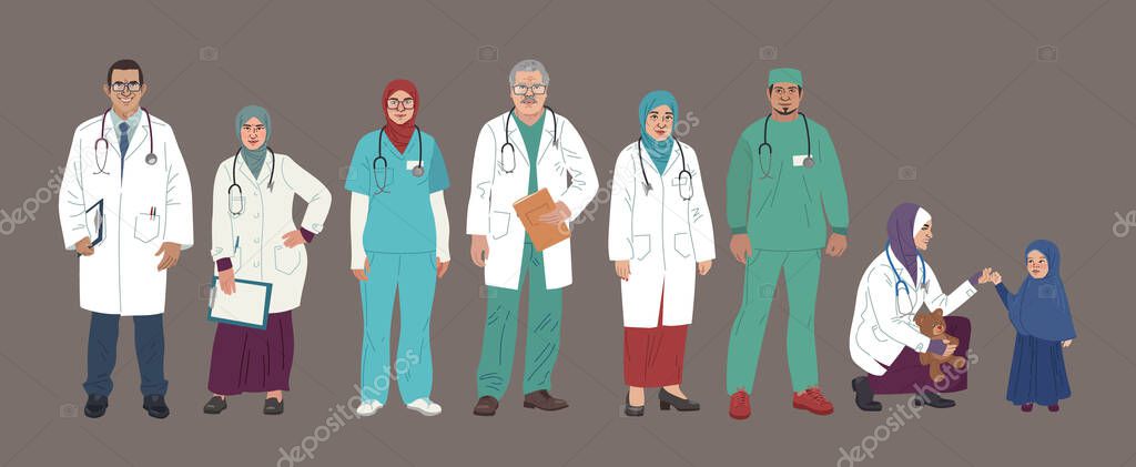 Medical Characters. Middle Eastern Medics. Arab doctors and nurses portraits, team of doctors concept, medical office or laboratory. Muslim modern flat vector concept digital people vector