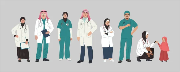 医学的特徴肖像画。中東医学。アラブの医師や看護師の肖像画、医師のチームの概念。イスラム教徒の近代的なフラットベクトルコンセプトデジタル人ベクトルイラスト — ストックベクタ