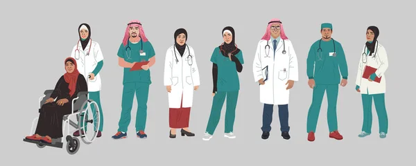 의학적 특성이 나타난다. 중동 의료계. 아랍 의사들과 간호사들의 초상화, 한 팀의 의사들의 컨셉입니다. 현대의 평평 한 벡터 개념 디지털 사람 벡터 일러스트 — 스톡 벡터