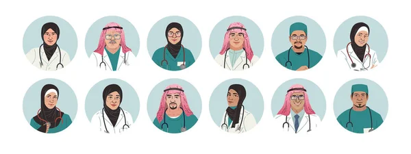 Портреты медицинских персонажей. Ближневосточные медики. Портреты арабских врачей и медсестер, концепция команды врачей. Мусульманская современная плосковекторная концепция — стоковый вектор