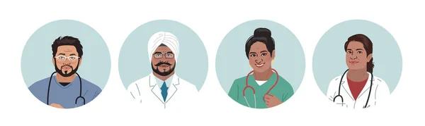 Médecins Indiens Personnages Médicaux Portraits Ronds Médecins Infirmières Concept Équipe — Image vectorielle