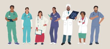 Hint Sıhhiyesi. Tıbbi Karakterler. Doktorlar ve hemşireler yuvarlak portreler, doktorlar konsepti, tıbbi ofis ya da laboratuvar. Modern düz vektör kavramı dijital insanlar vektör illüstrasyonu