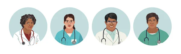 Médicos Indianos. Personagens Médicos. Médicos e enfermeiros retratos redondos, equipe de conceito de médicos, consultório médico ou laboratório. Conceito de vetor plano moderno pessoas digitais ilustração vetorial —  Vetores de Stock