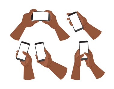 Ellerinde telefon ve telefon tutan Afrikalı Amerikalıların elleri, iş konsepti, düz tasarım. Vektör İllüstrasyonu.