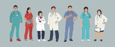 Asyalı Sıhhiye. Çin Tıbbi Karakterleri. Doktorlar ve hemşireler yuvarlak portreler, doktorlar konsepti, tıbbi ofis ya da laboratuvar. Modern düz vektör kavramı dijital insanlar vektör illüstrasyonu