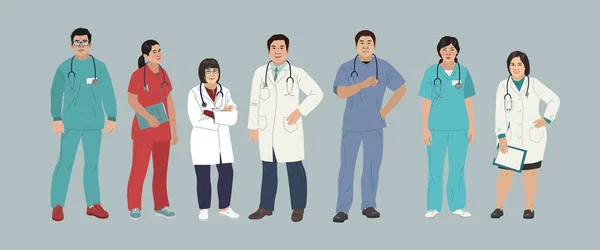 Asian Medics 소속. 중국의 의사들 이다. 의사와 간호사들은 둥근 초상화를 그리고, 의사들의 컨셉트 팀, 의료 원이나 실험실을 만든다. 현대의 평평 한 벡터 개념 디지털 사람들 벡터 삽화 — 스톡 벡터