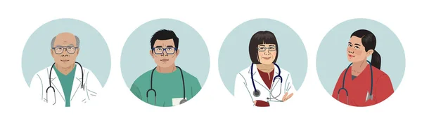 Médicos Asiáticos. Personagens médicos chineses. Médicos e enfermeiros retratos redondos, equipe de conceito de médicos, consultório médico ou laboratório. Conceito de vetor plano moderno pessoas digitais ilustração vetorial — Vetor de Stock