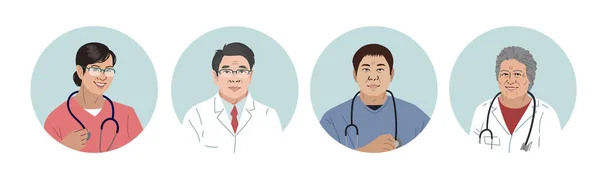Asiatiska sjukvårdare. Kinesiska sjuktecken. Läkare och sjuksköterskor runda porträtt, team av läkare koncept, läkarmottagning eller laboratorium. Modern platt vektor koncept digitala människor vektor illustration — Stock vektor