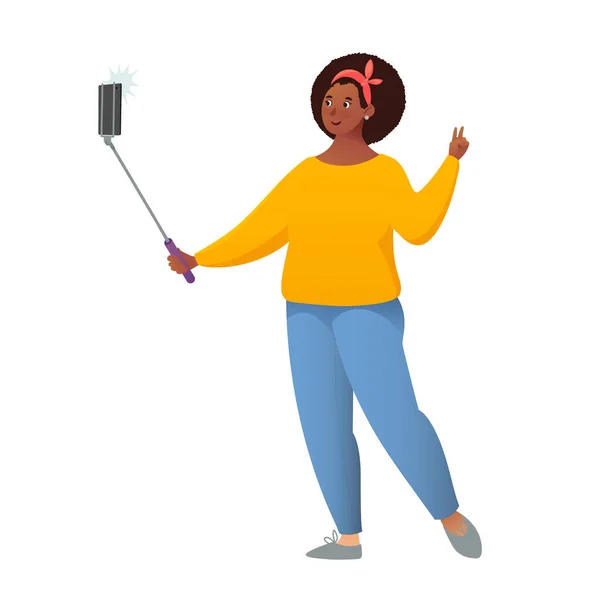 Une Afro-Américaine prend un selfie. Cool fille heureuse faisant selfie photo avec Smartphone. Illustration vectorielle. Mignon dessin animé fille prendre selfie avec son téléphone portable — Image vectorielle