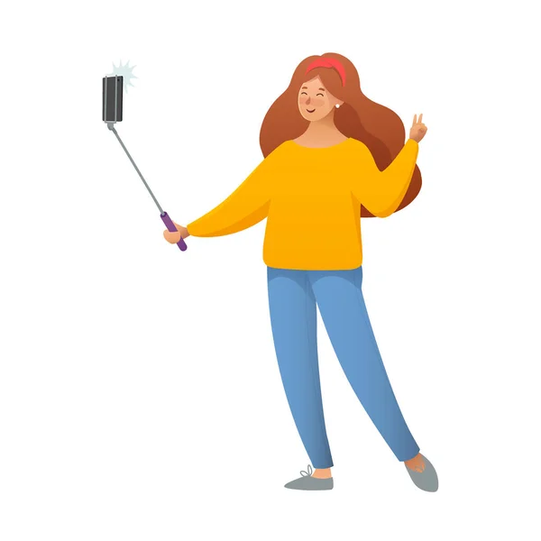 Una chica se toma una selfie. Cool chica feliz haciendo foto selfie con Smartphone. Ilustración vectorial — Vector de stock