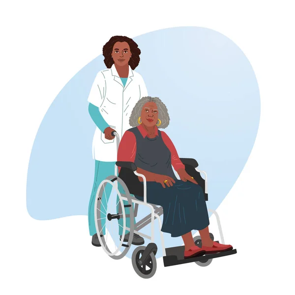 Une infirmière roule un fauteuil roulant avec un patient. Homme handicapé. — Image vectorielle