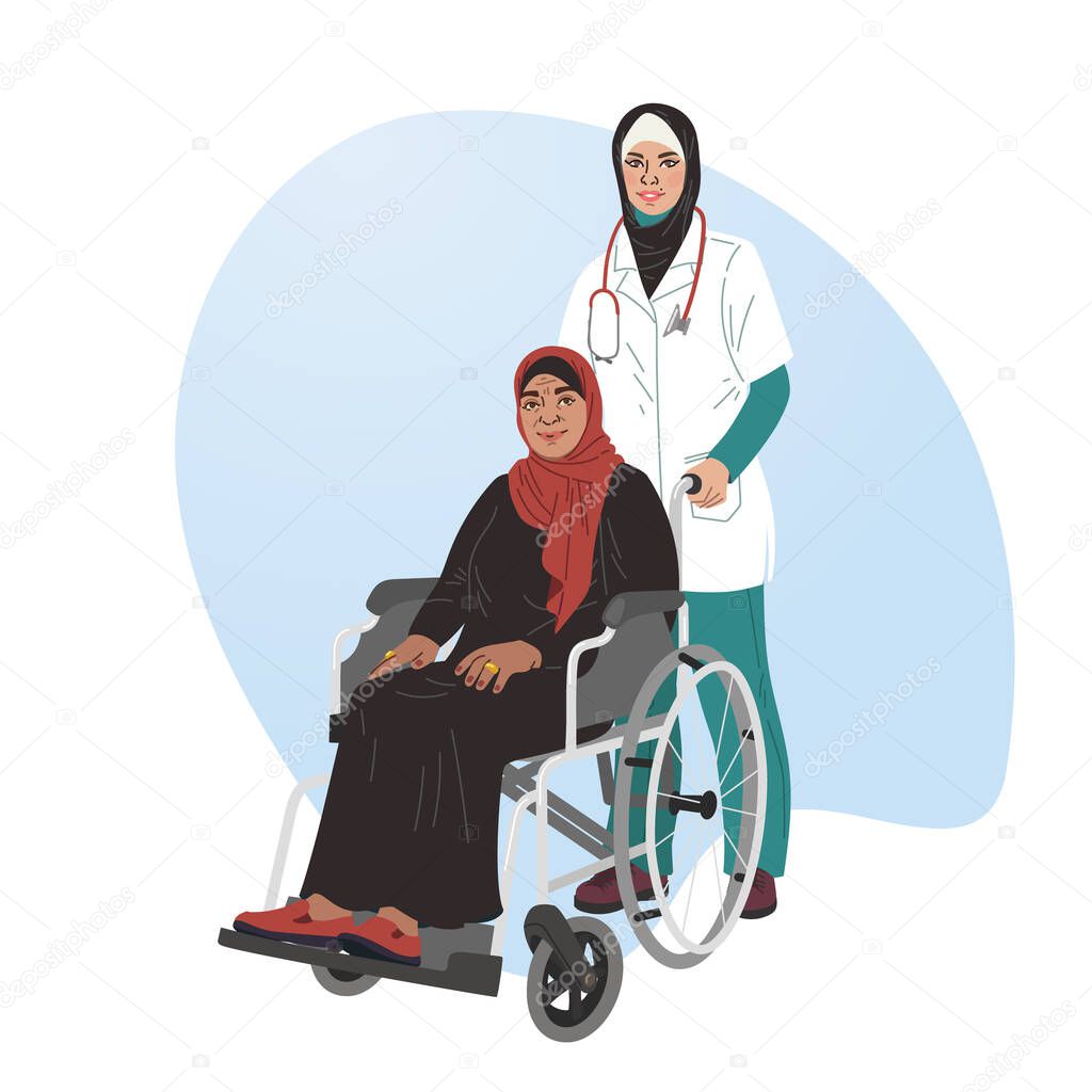 A girl nurse rolls a wheelchair with a patient. Disabled man.