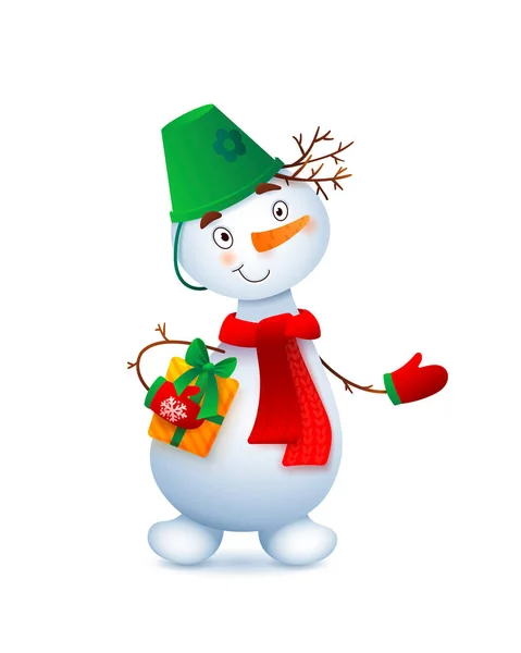 Vector lindo muñeco de nieve. Ilustración de Navidad con muñeco de nieve divertido. Regalo de Navidad en manos de un muñeco de nieve — Archivo Imágenes Vectoriales