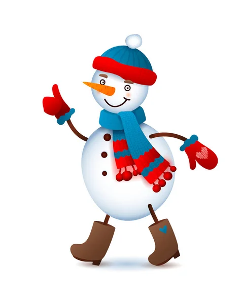 Vector Cute Snowman. Christmas illustration with funny snowman. Boots and a bright hat and scarf. — Stock Vector