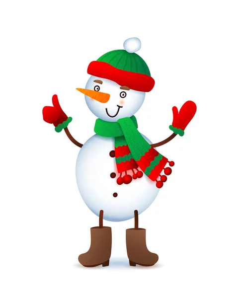 Vector lindo muñeco de nieve. Ilustración de Navidad con muñeco de nieve divertido. Botas y un sombrero brillante y bufanda — Archivo Imágenes Vectoriales