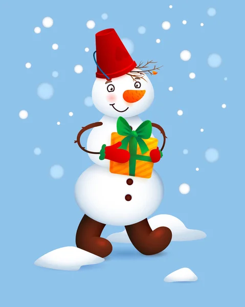 Vector lindo muñeco de nieve. Ilustración de Navidad con muñeco de nieve divertido. Regalo de Navidad en manos de un muñeco de nieve. Nieve cayendo del cielo azul — Archivo Imágenes Vectoriales