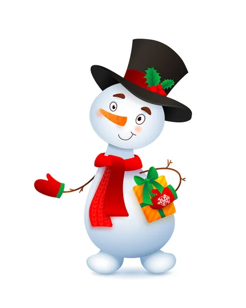 Vector Cute Snowman. Weihnachtsillustration mit lustigem Schneemann. Kopfbedeckter Zylinder — Stockvektor