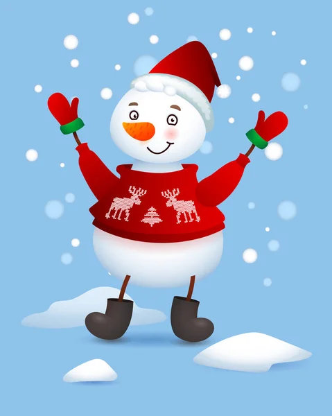 Vector Cute Snowman. Christmas illustration with funny snowman. Santa Claus hat. — Stock Vector