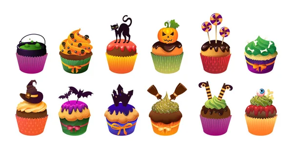 Joyeux cupcakes effrayant Helloween. Illustration vectorielle réaliste illustration blanche — Image vectorielle