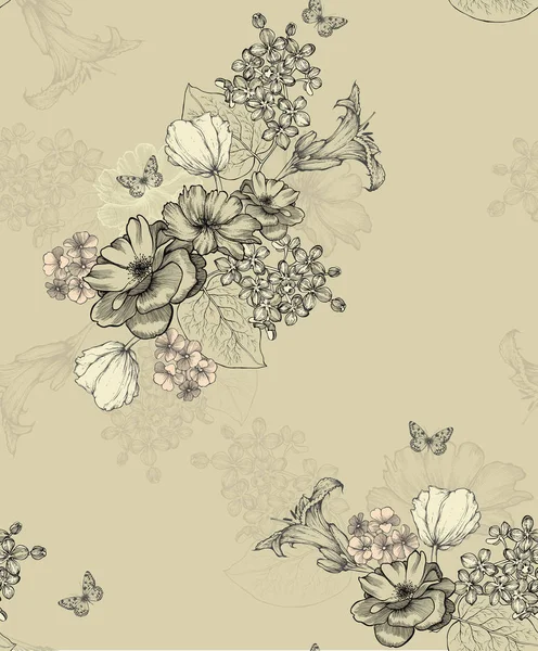 Çiçekler ve kelebekler ile Dikişsiz duvar kağıdı. Vektör çizimi. — Stok Vektör