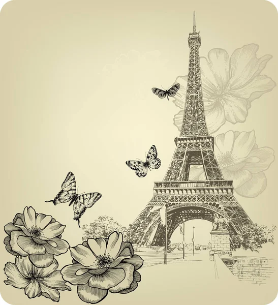 Fondo vintage con Torre Eiffel y rosas. Dibujo a mano, ilustración vectorial — Archivo Imágenes Vectoriales