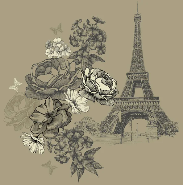 Eiffelturm in Paris mit Blumen, Vintage-Hintergrund. Handzeichnung, Vektorillustration Stockillustration