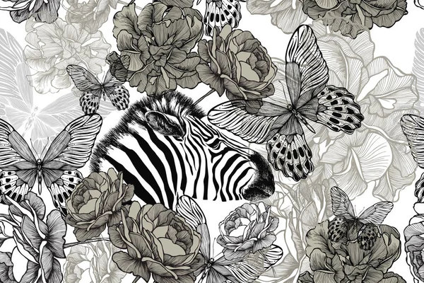 Zebra con fiori e farfalle. Carta da parati floreale senza cuciture. Disegno a mano, illustrazione vettoriale — Vettoriale Stock